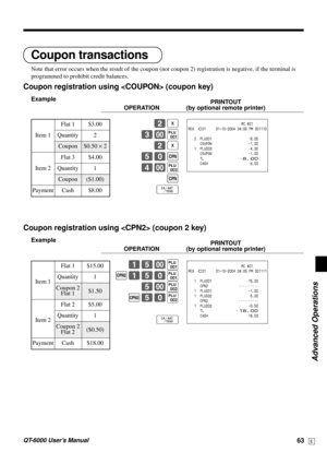 Page 63Advanced Operations
QT-6000 User’s Manual63E
Coupon transactions
Note that error occurs when the result of the coupon (not coupon 2) registration is negative, if the terminal is
programmed to prohibit credit balances.
Coupon registration using  (coupon key)
Example
PRINTOUT
OPERATION (by optional remote printer)
2|
3-(
2|
50H
4-*
H
F
Coupon registration using  (coupon 2 key)
Example
PRINTOUT
OPERATION (by optional remote printer)
15-(
B150(
5-)
B50)
F
                           MC #01
REG  C01...