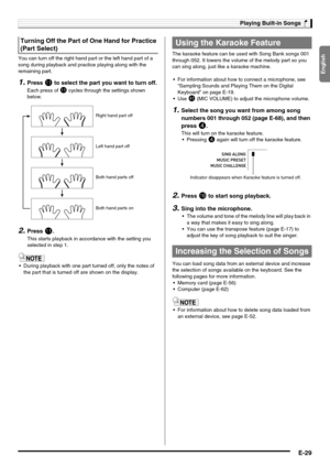 Page 31English
Playing Built-in Songs
E-29
You can turn off the right hand part or the left hand part of a 
song during playback and practice playing along with the 
remaining part.
1.Press bl to select the part you want to turn off.
Each press of bl cycles through the settings shown 
below.
2.Press bl.
This starts playback in accordance with the setting you 
selected in step 1.
 During playback with one part turned off, only the notes of 
the part that is turned off are shown on the display.The karaoke feature...