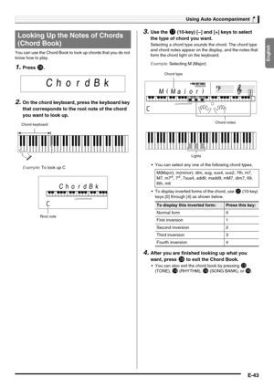 Page 45English
Using Auto Accompaniment
E-43
You can use the Chord Book to look up chords that you do not 
know how to play.
1.Press cs.
2.On the chord keyboard, press the keyboard key 
that corresponds to the root note of the chord 
you want to look up.
3.Use the br (10-key) [–] and [+] keys to select 
the type of chord you want.
Selecting a chord type sounds the chord. The chord type 
and chord notes appear on the display, and the notes that 
form the chord light on the keyboard.
 You can select any one of...