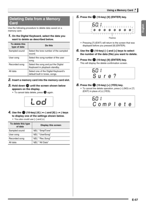 Page 59English
Using a Memory Card
E-57
Use the following procedure to delete data saved on a 
memory card.
1.On the Digital Keyboard, select the data you 
want to delete as described below.
2.Insert a memory card into the memory card slot.
3.Hold down bq until the screen shown below 
appears on the display.
 To cancel data delete, press bq again.
4.Use the br (10-key) [4] (o) and [6] (p) keys 
to display one of the settings shown below.
 You also could use [–] and [+].
5.Press the br (10-key) [9] (ENTER) key....