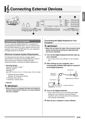 Page 61English
E-59
Connecting External Devices
You can connect the Digital Keyboard to a computer and 
exchange MIDI data between them. You can send play data 
from the Digital Keyboard to music software running on your 
computer, or you can send MIDI data from your computer to 
the Digital Keyboard for playback.
The following shows the minimum computer system 
requirements for sending and receiving MIDI data. Check to 
make sure that your computer complies with these 
requirements before connecting the...