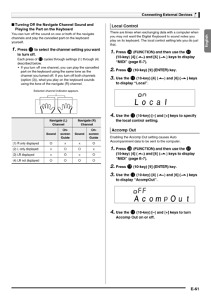 Page 63English
Connecting External Devices
E-61
■Turning Off the Navigate Channel Sound and 
Playing the Part on the Keyboard
You can turn off the sound on one or both of the navigate 
channels and play the cancelled part on the keyboard 
yourself.
1.Press bl to select the channel setting you want 
to turn off.
Each press of bl cycles through settings (1) through (4) 
described below.
 If you turn off one channel, you can play the cancelled 
part on the keyboard using the same tone as the 
channel you turned...