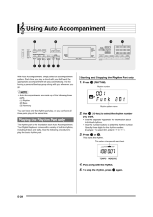Page 30
E-28
Using Auto Accompaniment
With Auto Accompaniment, simply select an accompaniment 
pattern. Each time you play a chord with your left hand the 
appropriate accompaniment will play automatically. It’s like 
having a personal backup group al ong with you wherever you 
go.
 Auto Accompaniments are made up of the following three  parts.
(1) Rhythm
(2) Bass
(3) Harmony
You can have only the rhythm par t play, or you can have all 
three parts play at the same time.
The rhythm part is the foundation each...