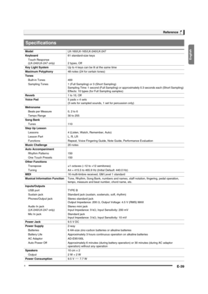 Page 41
English
Reference
E-39
Specifications
ModelLK-160/LK-165/LK-240/LK-247
Keyboard 61 standard-size keys
Touch Response
(LK-240/LK-247 only) 2 types, Off
Key Light System Up to 4 keys can be lit at the same time
Maximum Polyphony 48 notes (24 for certain tones)
Tones Built-in Tones 400
Sampling Tones 1 (Full Sampling) or 3 (Short Sampling) Sampling Time: 1 second (Full Sampling) or app roximately 0.3 seconds each (Short Sampling)
Effects: 10 types (for Full Sampling samples)
Reverb 1 to 10, Off
Voice Pad 5...