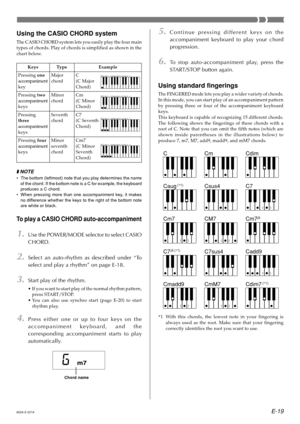 Page 21E-19
C
Caug
 (*1)
Cm7
C7
5 (*1)
Cmadd9Cm
Csus4
CM7
C7sus4
CmM7Cdim
C7
Cm7
5
Cadd9
Cdim7
 (*1)
*1 With this chords, the lowest note in your fingering is
always used as the root. Make sure that your fingering
correctly identifies the root you want to use.
662A-E-021A
5.Continue pressing different keys on the
accompaniment keyboard to play your chord
progression.
6.To stop auto-accompaniment play, press the
START/STOP button again.
Using standard fingerings
The FINGERED mode lets you play a wider variety...