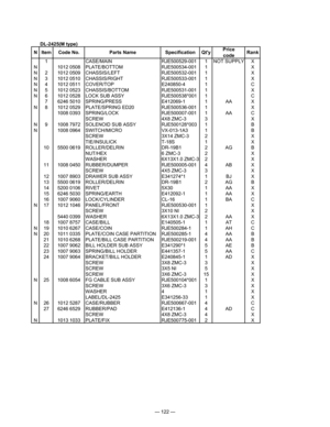 Page 124
— 122 —
DL-2425(M type)
1CASE/MAINRJE500529-0011NOT SUPPLYX
N1012 0508PLATE/BOTTOMRJE500534-0011X
N21012 0509CHASSIS/LEFTRJE500532-0011X
N31012 0510CHASSIS/RIGHTRJE500533-0011X
N41012 0511COVER/TOPE240850-41C
N51012 0523CHASSIS/BOTTOMRJE500531-0011X
N61012 0528LOCK SUB ASSYRJE500538*0011C
76246 5010SPRING/PRESSE412069-11AAX
N81012 0529PLATE/SPRING ED20RJE500536-0011X
1008 0393SPRING/LOCKRJE500007-0011AAC
SCREW4X8 ZMC-33X
N91008 7972SOLENOID SUB ASSYRJE500128*0031B
N1008 0964SWITCH/MICROVX-013-1A31B...