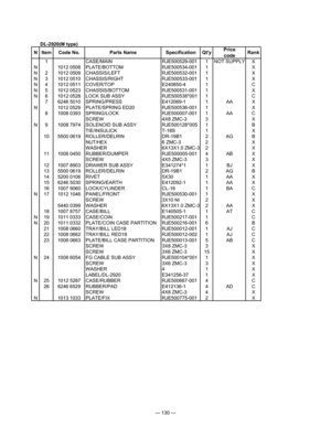 Page 132
— 130 —
DL-2920(M type)
1CASE/MAINRJE500529-0011NOT SUPPLYX
N1012 0508PLATE/BOTTOMRJE500534-0011X
N21012 0509CHASSIS/LEFTRJE500532-0011X
N31012 0510CHASSIS/RIGHTRJE500533-0011X
N41012 0511COVER/TOPE240850-41C
N51012 0523CHASSIS/BOTTOMRJE500531-0011X
N61012 0528LOCK SUB ASSYRJE500538*0011C
76246 5010SPRING/PRESSE412069-11AAX
N1012 0529PLATE/SPRING ED20RJE500536-0011X
81008 0393SPRING/LOCKRJE500007-0011AAC
SCREW4X8 ZMC-33X
N91008 7974SOLENOID SUB ASSYRJE500128*0051B
TIE/INSULICKT-18S1X
105500...