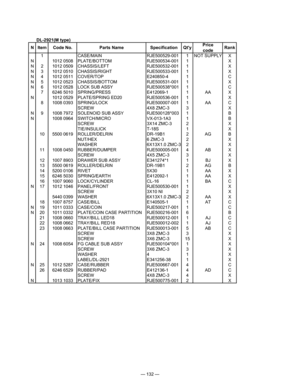 Page 134
— 132 —
DL-2921(M type)
1CASE/MAINRJE500529-0011NOT SUPPLYX
N1012 0508PLATE/BOTTOMRJE500534-0011X
N21012 0509CHASSIS/LEFTRJE500532-0011X
N31012 0510CHASSIS/RIGHTRJE500533-0011X
N41012 0511COVER/TOPE240850-41C
N51012 0523CHASSIS/BOTTOMRJE500531-0011X
N61012 0528LOCK SUB ASSYRJE500538*0011C
76246 5010SPRING/PRESSE412069-11AAX
N1012 0529PLATE/SPRING ED20RJE500536-0011X
81008 0393SPRING/LOCKRJE500007-0011AAC
SCREW4X8 ZMC-33X
N91008 7972SOLENOID SUB ASSYRJE500128*0031B
N1008 0964SWITCH/MICROVX-013-1A31B...