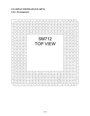 Page 62
— 60 —
8-10. DISPLAY CONTROLLER (IC45: SM712)
8-10-1. Pin Assignment
MD3MD4MD5MD7MD31MD17MD28MD20MD25MD22AD0AD4AD7AD9AD12AD14PAR
MD44
MD45
~DQM4FPFPENCKINAVDDAVSS2
MD0MD11MD9MD8MD30MD18MD27MD21MD24AD1AD5~BE0AD10AD 13~BE1
MD1MD13MD10MD6~DQ M2MD16MD29MD19MD26MD23AD3AD6AD8AD11AD15AD17
~DQM1MD14VDDVSSMV DDN/CMVDDVSSVSSAD2HVDDVSSHV DDVDDVSSHVDDAD19AD20
MD46
MD34
MD47LPDECR TH
SYNCRVDDIR EF
BLUE
P15
MD42
MD41
MD33~DQ M5FPSC LKCVDDRVSS
RED
USR1TEST0
MD38
MD39
MD43MVDDN/CFDA22N/CFPVDDN/CN/CFPVDDN/CCV...