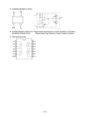 Page 86
— 84 —
  15.  S-80828CLNB-B6N-T2 (IC55)
OUT
V
+
-
DD
VSS
VRF.F
*
*
2
4
1
4 3
1 2
VNC
OUTVDD
SS
  16.  SG-8002JFSCB14.318M (IC41): Programmable High-Frequency Crystal Oscillator (14.318 MHz)
    SG-8002JFSCB33M (IC43):   Programmable High-Frequency Crystal Oscillator (33 MHz)
  17.  SN74AHCT08 (IC49)
11
12
13
14VCC
4B
4A
4Y
3B
3A
1
2
3
4
5
6
78
9
10
1A
GND
1B
1Y
2A
2B
2Y
3Y 