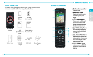 Page 6Standard Battery SIM Card 
(Pre-installed)
PRODUCT SAFETY 
& WARRANTY 
GUIDE
Handset QRG 
(Quick Reference  Guide)Product Safety &   Warranty Guide
Battery Cover Wall/USB  ChargerUSB Cable Global Support 
Kit
8 
02
03
04
05
01
9 
HANDSET DESCRIPTIONS
1.   Earpiece: Allows you to hear 
the other caller.
2.   Main Display Screen: 
Displays all the information 
needed to operate your 
phone.
3.   [ B ] Directional Keys: 
Allows you to scroll through 
phone menu options and 
provides a shortcut to phone...