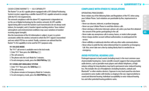 Page 87170 171 
02
01
02
03
04
05
CASIO G’ZONE RAVINE®2 — ALI CAPABILITYThe Ravine®2 is an ALI-capable phone equipped with a GPS (Global Positioning 
System) receiver supporting a satellite-based GPS ALI-capable network to comply 
with the FCC’s ALI requirements.
The network compliance with the above FCC requirements is dependent on: 
(a) the use of digital technology by the wireless network; (b) GPS satellite 
signals being able to reach the handset (such transmissions do not always work 
indoors, for...