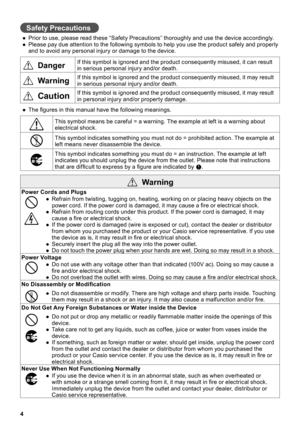 Page 44
Safety Precautions 
 ●Prior to use, please read these “Safety Precautions” thoroughly and use the device accordingly . ●Please pay due attention to the following symbols to help you use the product safely and properly and to avoid any personal injury or damage to the device .
* DangerIf this symbol is ignored and the product consequently misused, it can result in serious personal injury and/or death .
* WarningIf this symbol is ignored and the product consequently misused, it may result in serious...