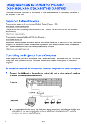 Page 5555
The projector can be controlled by a computer or other external device by connecting the device to 
the projector’s LAN port.
Supported External Devices
This projector supports all commands of PJLink Class1 (Version 1.00).
http://pjlink.jbmia.or.jp/english/
This projector is supported by the commands of the Crestron Electronics controller and software 
(RoomView®).
http://www.crestron.com/
This projector is supported by AMX Device Discovery.
http://www.amx.com/
Information about the types of external...