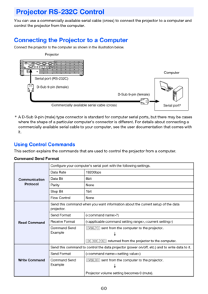 Page 6060
You can use a commercially available serial cable (cross) to connect the projector to a computer and 
control the projector from the computer.
Connecting the Projector to a Computer
Connect the projector to the computer as shown in the illustration below.
*A D-Sub 9-pin (male) type connector is standard for computer serial ports, but there may be cases 
where the shape of a particular computer’s connector is different. For details about connecting a 
commercially available serial cable to your...