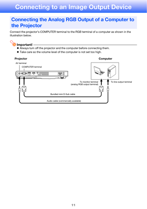 Page 1111
Connecting to an Image Output Device
Connect the projector’s COMPUTER terminal to the RGB terminal of a computer as shown in the 
illustration below.
Important!zAlways turn off the projector and the computer before connecting them.
zTake care so the volume level of the computer is not set too high.
Connecting the Analog RGB Output of a Computer to 
the Projector
Bundled mini D-Sub cable
Audio cable (commercially available) AV terminal
To monitor terminal
(analog RGB output terminal) COMPUTER terminal...