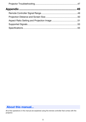 Page 55
Projector Troubleshooting ....................................................................47
Appendix ........................................................................ 49
Remote Controller Signal Range ..........................................................49
Projection Distance and Screen Size ...................................................50
Aspect Ratio Setting and Projection Image .........................................51
Supported Signals...