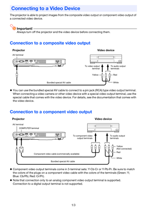 Page 1313
The projector is able to project images from the composite video output or component video output of 
a connected video device.
Important!Always turn off the projector and the video device before connecting them.
Connection to a composite video output
zYou can use the bundled special AV cable to connect to a pin jack (RCA) type video output terminal. 
When connecting a video camera or other video device with a special video output terminal, use the 
special cable that comes with the video device. For...