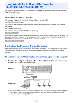 Page 5555
The projector can be controlled by a computer or other external device by connecting the device to 
the projector’s LAN port.
Supported External Devices
This projector supports all commands of PJLink Class1 (Version 1.00).
http://pjlink.jbmia.or.jp/english/
This projector is supported by the commands of the Crestron Electronics controller and software 
(RoomView®).
http://www.crestron.com/
This projector is supported by AMX Device Discovery.
http://www.amx.com/
Information about the types of external...