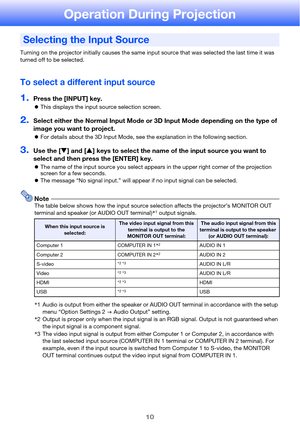 Page 1010
Operation During Projection
Turning on the projector initially causes the same input source that was selected the last time it was 
turned off to be selected.
To select a different input source
1.Press the [INPUT] key.
zThis displays the input source selection screen.
2.Select either the Normal Input Mode or 3D Input Mode depending on the type of 
image you want to project.
zFor details about the 3D Input Mode, see the explanation in the following section.
3.Use the [T] and [S] keys to select the name...