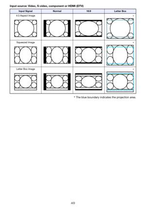 Page 4949
Input source: Video, S-video, component or HDMI (DTV)
*The blue boundary indicates the projection area.
Input SignalNormal16:9Letter Box
4:3 Aspect Image
*
Squeezed Image
*
Letter Box Image
* 