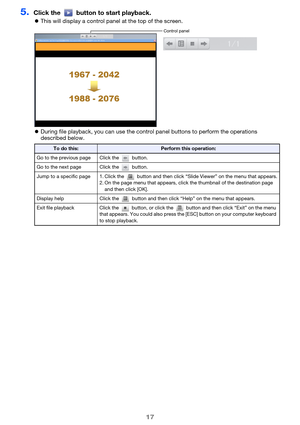 Page 1717
5.Click the   button to start playback.
This will display a control panel at the top of the screen.
 During file playback, you can use the control panel buttons to perform the operations 
described below.
To do this:Perform this operation:
Go to the previous page Click the   button.
Go to the next page Click the   button.
Jump to a specific page 1. Click the   button and then click “Slide Viewer” on the menu that appears. 2. On the page menu that appears, click the thumbnail  of the destination page...