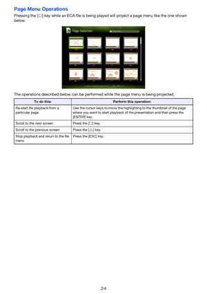 Page 2424
Page Menu Operations
Pressing the [O] key while an ECA file is being played will project a page menu like the one shown 
below.
The operations described below  can be performed while the page menu is being projected.
To do this:Perform this operation:
Re-start file playback from a 
particular page Use the cursor keys to move the high
lighting to the thumbnail of the page 
where you want to start playback of the presentation and then press the 
[ENTER] key.
Scroll to the next screen Press the [ Z]...