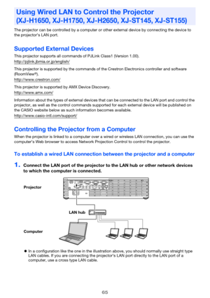 Page 6565
The projector can be controlled by a computer or other external device by connecting the device to 
the projector’s LAN port.
Supported External Devices
This projector supports all commands of PJLink Class1 (Version 1.00).
http://pjlink.jbmia.or.jp/english/
This projector is supported by the commands of the Crestron Electronics controller and software 
(RoomView®).
http://www.crestron.com/
This projector is supported by AMX Device Discovery.
http://www.amx.com/
Information about the types of external...