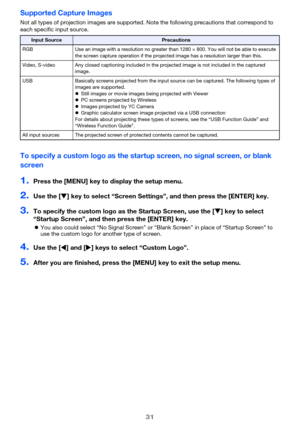 Page 31
31
Supported Capture Images
Not all types of projection images are supported. Note the following precautions that correspond to 
each specific input source.
To specify a custom logo as the startup screen, no signal screen, or blank 
screen
1.Press the [MENU] key to display the setup menu.
2.Use the [T] key to select “Screen Settings”,  and then press the [ENTER] key.
3.To specify the custom logo as the Startup Screen, use the [T] key to select 
“Startup Screen”, and then press the [ENTER] key.
z You...