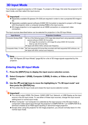 Page 1515
Your projector supports projection of 3D images. To project a 3D image, first enter the projector’s 3D 
input mode, and then select the input source.
Important!zSeparately available 3D glasses (YA-G30) are required in order to view a projected 3D image in 
3D.
zSeparately available special software (CASIO 3D Converter) is required to project a 3D image 
with the projector when a computer (analog RGB) is the input source.
z3D image projection is not supported via an HDMI connection or component video...