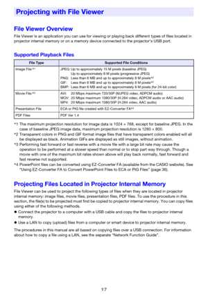 Page 1717
File Viewer Overview
File Viewer is an application you can use for viewing or playing back different types of files located in 
projector internal memory or on a memory device connected to the projector’s USB port.
Supported Playback Files
Projecting Files Located in Projector Internal Memory
File Viewer can be used to project the following types of files when they are located in projector 
internal memory: image files, movie files, presentation files, PDF files. To use the procedure in this 
section,...