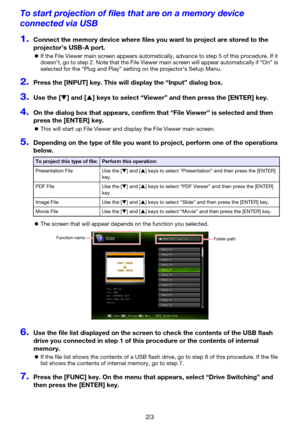 Page 2323
To start projection of files that are on a memory device 
connected via USB
1.Connect the memory device where files you want to project are stored to the 
projector’s USB-A port.
zIf the File Viewer main screen appears automatically, advance to step 5 of this procedure. If it 
doesn’t, go to step 2. Note that the File Viewer main screen will appear automatically if “On” is 
selected for the “Plug and Play” setting on the projector’s Setup Menu.
2.Press the [INPUT] key. This will display the “Input”...