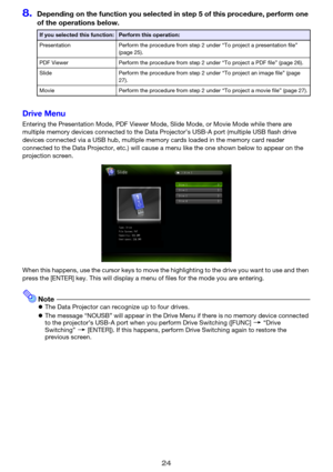 Page 2424
8.Depending on the function you selected in step 5 of this procedure, perform one 
of the operations below.
Drive Menu
Entering the Presentation Mode, PDF Viewer Mode, Slide Mode, or Movie Mode while there are 
multiple memory devices connected to the Data Projector’s USB-A port (multiple USB flash drive 
devices connected via a USB hub, multiple memory cards loaded in the memory card reader 
connected to the Data Projector, etc.) will cause a menu like the one shown below to appear on the 
projection...