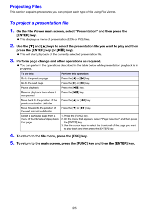 Page 2525
Projecting Files
This section explains procedures you can project each type of file using File Viewer.
To project a presentation file
1.On the File Viewer main screen, select “Presentation” and then press the 
[ENTER] key.
zThis displays a menu of presentation (ECA or PtG) files.
2.Use the [T] and [S] keys to select the presentation file you want to play and then 
press the [ENTER] key (or [ ] key).
zThis will start playback of the currently selected presentation file.
3.Perform page change and other...