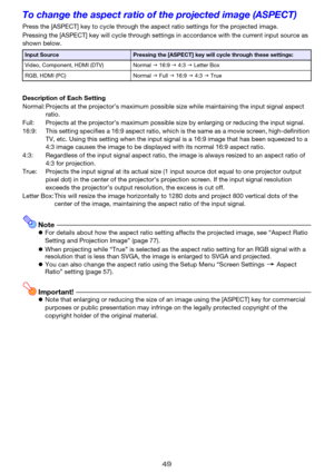 Page 4949
To change the aspect ratio of the projected image (ASPECT)
Press the [ASPECT] key to cycle through the aspect ratio settings for the projected image.
Pressing the [ASPECT] key will cycle through settings in accordance with the current input source as 
shown below.
Description of Each Setting
NotezFor details about how the aspect ratio setting affects the projected image, see “Aspect Ratio 
Setting and Projection Image” (page 77).
zWhen projecting while “True” is selected as the aspect ratio setting...