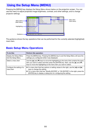 Page 5555
Pressing the [MENU] key displays the Setup Menu shown below on the projection screen. You can 
use this menu to adjust projected image brightness, contrast, and other settings, and to change 
projector settings.
The guidance shows the key operations that can be performed for the currently selected (highlighted) 
menu item.
Basic Setup Menu Operations
Using the Setup Menu (MENU)
To do this:Perform this operation:
Display the Setup Menu
Exit the Setup MenuPress the [MENU] key. Pressing the [MENU] key to...