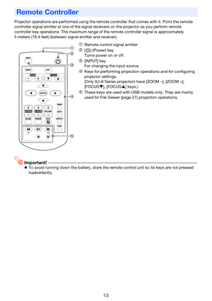 Page 1212
Projector operations are performed using the remote controller that comes with it. Point the remote 
controller signal emitter at one of the signal receivers on the projector as you perform remote 
controller key operations. The maximum range of the remote controller signal is approximately 
5 meters (16.4 feet) (between signal emitter and receiver).
Important!zTo avoid running down the battery, store the remote control unit so its keys are not pressed 
inadvertently.
Remote Controller
1Remote control...