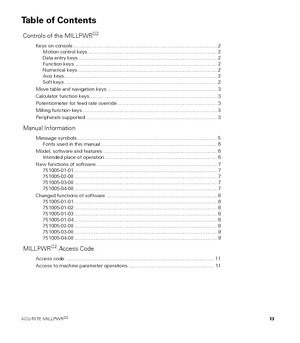 Page 13ACU-RITE MILLPWRG2 13
Table of Contents
 Controls of the MILLPWRG2
Keys on console....................................................................................................... 2
Motion control keys ............................................................................................ 2
Data entry keys ................................................................................................... 2
Function keys...