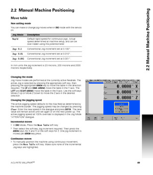 Page 49ACU-RITE MILLPWRG2 49
2.2 Manual Machine Positioning
2.2  Manual Machine Positioning
Move table
Non cutting mode
You can make or change jog moves when in DRO mode with the servos 
on.
In mm units the jog increment is 20 microns, 200 microns and 2000 
microns respectively.
Changing the mode
Jog move modes are performed at the currently active feedrate. The  
active Jog is selected by pressing the appropriate soft key, then 
pressing the appropriate ARROW key to move the table in the direction 
required....