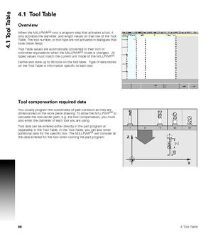 Page 68684 Tool Table
4.1 Tool Table
4.1  Tool Table
Overview
When the MILLPWRG2 runs a program step that activates a tool, it 
only activates the diameter, and length values on that row of the Tool 
Table. The tool number, or tool type are not activated in dialogues that 
have these fields.
Tool Table values are automatically converted to their inch or 
millimeter equivalents when the MILLPWR
G2 mode is changed.  All 
typed values must match the current unit mode of the MILLPWRG2.
Define and store up to 99...