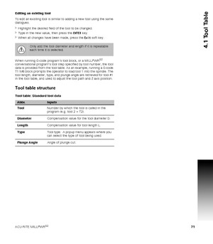 Page 71ACU-RITE MILLPWRG2 71
4.1 Tool Table
Editing an existing tool
To edit an existing tool is similar to adding a new tool using the same 
dialogues.
Highlight the desired field of the tool to be changed.
Type in the new value, then press the ENTER key.
When all changes have been made, press the Exit soft key.
When running G-code program’s tool block, or a MILLPWR
G2 
conversational program’s tool step specified by tool number, the tool 
data is provided from the tool table. As an example, running a...