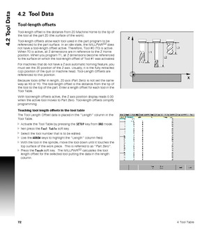 Page 72724 Tool Table
4.2 Tool Data
4.2  Tool Data
Tool-length offsets
Tool-length offset is the distance from Z0 Machine Home to the tip of 
the tool at the part Z0 (the surface of the work). 
Tool-length offsets allow each tool used in the part program to be 
referenced to the part surface. In an idle state, the MILLPWR
G2 does 
not have a tool-length offset active. Therefore, Tool #0 (T0) is active. 
When T0 is active, all Z dimensions are in reference to the Z Home 
position. When you program T1, all Z...