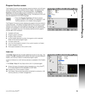 Page 79ACU-RITE MILLPWRG2 79
5.1 Programming Introduction
Program function screen
The Program Function screen displays several windows, and soft keys 
which are defined in the contents of this chapter. The display area 
window is briefly described in the following table. The Program 
Functions soft key provides access to Network or USB memory 
devices by pressing the Folder View soft key. The features of this soft 
key are explained on the following page.
Press the Program Functions soft key to access...