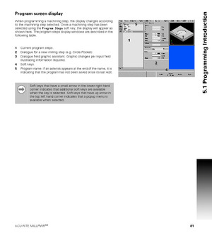 Page 81ACU-RITE MILLPWRG2 81
5.1 Programming Introduction
Program screen display
When programming a machining step, the display changes according 
to the machining step selected. Once a machining step has been 
selected using the Program Steps soft key, the display will appear as 
shown here. The program steps display windows are described in the 
following table.
1Current program steps.
2Dialogue for a new milling step (e.g. Circle Pocket)
3Dialogue field graphic assistant. Graphic changes per input field...