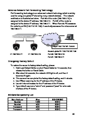 Page 36 35 
Advance Network Port Forwarding Technology Port forwarding technology is an advanced network technology which is widely used for using one global IP shared by many network devices.    The network architecture is illustrated as below.    Port 80 of the router (192.168.0.10) is assigned to the device IP address, 192.168.0.10.    Port 81 of the router is assigned to the device IP address, 192.168.0.11.    When Remote PC accesses the router’s port 86 (122.116.191.129), it eventually accesses the video...
