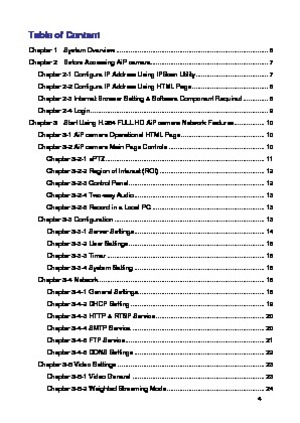 Page 5 4 
Table of Content 
Chapter 1    System Overview .................................................................................... 6 
Chapter 2    Before Accessing AiP camera................................................................. 7 
Chapter 2-1 Configure IP Address Using IPScan Utility ........................................ 7 
Chapter 2-2 Configure IP Address Using HTML Page .......................................... 8 
Chapter 2-3 Internet Browser Setting & Software Component Required...