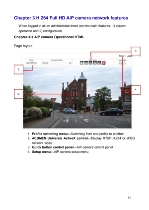 Page 11Chapter 3 H.264 Full HD AiP camera network features  W hen logged in as an administrator there are two main features; 1) system 
operation and 2) configuration.  Chapter 3-1 AiP camera Operational HTML  Page layout  3  
 
 1.   
 4  2.   
 
  
 
 1. Profile switching menu—Switching from one profile to another   2. ACUMEN  Universal  ActiveX  control—Display  RTSP  H.264  or  JPEG network video   3. Quick button control panel—AiP camera control panel   4. Setup menu—AiP camera setup menu   
  
 
  
 
 11  