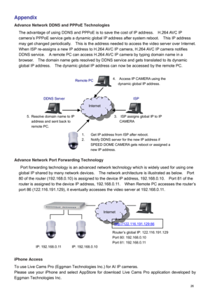 Page 27  26  Appendix  
Advance Network DDNS and PPPoE Technologies 
The advantage of using DDNS and PPPoE is to  save the cost of IP address.    H.264 AVC IP 
camera ’s PPPoE service gets a dynamic global IP address after system reboot.    This IP address 
may get changed periodically.    This is th e address needed to access the video server over Internet.   
When ISP re -assigns a new IP address to H.264 AVC IP  camera, H.264 AVC IP camera  notifies 
DDNS service.    A remote PC can access H.264 AVC IP...