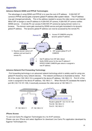 Page 27 26 
Appendix  
Advance Network DDNS and PPPoE Technologies 
The advantage of using DDNS and PPPoE is to save the cost of IP address.   H.264 AVC IP 
camera’s PPPoE service gets a dynamic global IP address after system reboot.    This IP address 
may get changed periodically.    This is the address needed to access the video server over Internet.   
When ISP re-assigns a new IP address to H.264 AVC IP camera, H.264 AVC IP camera notifies 
DDNS service.    A remote PC can access H.264 AVC IP camera by...