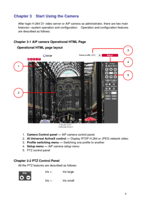 Page 10 9 
Chapter 3    Start Using the Camera 
After login H.264 D1 video server or AiP camera as administrator, there are two main features—system operation and configuration.    Operation and configuration features are described as follows:  
Chapter 3-1 AiP camera Operational HTML Page 
Operational HTML page layout 
 
1. Camera Control panel — AiP camera control panel. 2. AI Universal ActiveX control — Display RTSP H.264 or JPEG network video. 3. Profile switching menu — Switching one profile to another 4....